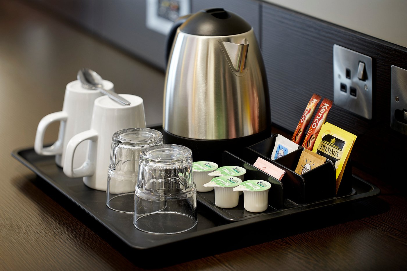 A kettle with tea and coffee